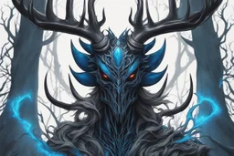 Venom Shadow symbiote in 8k realistic anime drawing style, Deer skull, non-eyes, blue neon crystal Antlers, dark fantasy snow forest, intricate details, highly detailed, high details, detailed portrait, masterpiece,ultra detailed, ultra quality