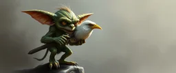 air brush 3d with pen outline, mongrel goblin gremlin holding big big bird with blurred shadow outline, charcoal fog border