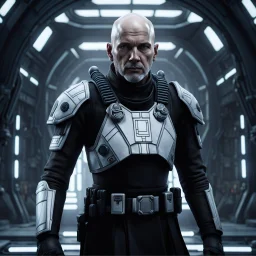 a bold and heroic bald male Corellian pilot in black and grey First Order special forces gear meets a female Jedi Master in ancient, mystical temple, hyperdetailed, dynamic lighting, hyperdetailed background, 8k resolution, volumetric lighting, light skin, fully symmetric details