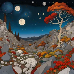 Colourful, peaceful, Egon Schiele, Max Ernst, night sky filled with galaxies and stars, rocks, trees, flowers, one-line drawing, sharp focus, 8k, deep 3d field, intricate, ornate