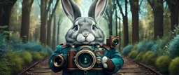 High-end hyperrealism epic cute fluffy rabbit hero holding a steampunk DSLR Camera, Steampunk-inspired cinematic photography, symmetry forest alley background, Aesthetic combination of metallic sage green and titanium blue, Vintage style with brown pure leather accents, Art Nouveau visuals with Octane Render 3D tech, Ultra-High-Definition (UHD) cinematic character rendering, Detailed close-ups capturing intricate beauty, Aim for hyper-detailed 8K