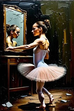 a beautiful ballerina, in a studio, Infront of a mirror, side profile with eyes looking slightly Down, her reflection in the mirror is however looking straight back at her and not looking down, scary, dark undertone, 12k, detailed painting, thick impasto and textures with rough brush strokes, chaos background with cracked paint, peeling off