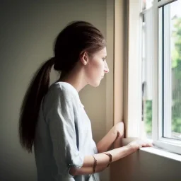 woman looking out window soft pale beautiful intricate detailed