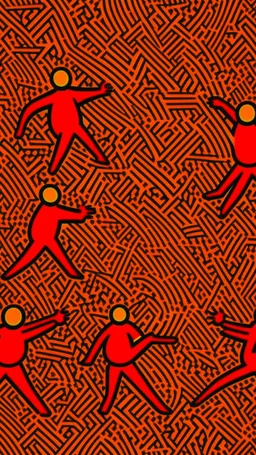 A dark orange virtual realm with polygons painted by Keith Haring