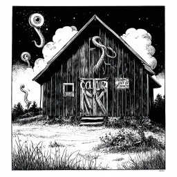 gnarly cosmic horror illustration from golden age of Weird Tales by Bill Elder, faded colors, dark negative space, TEXT "COLOUR OUT OF SPACE" in vintage block font, surreal, nihilistic, segmented separated lovecraftian glowing eye tentacle corruption on small barn, meandering offset coherence across multiple diagonal offset separated panels, minimalism, foreboding photo negative prismatic spray, Eldritch atmosphere