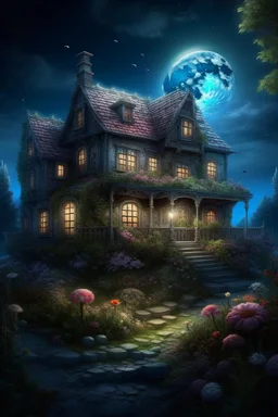 magic cozy house, by the sea, the moon is beautiful, the garden of flowers is realistic, aesthetically pleasing, beautiful, professional photo, 4k, high detail, 30mm lens, 1/250s, f/2.8, ISO 100, bright lighting, dim lighting painted with colored pencils: ,horror. Fractal, surreal, careful drawing of details, clear outline, photorealism, botanical style, curls, smoke, beautiful, realistic, high resolution, Pinterest.