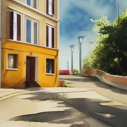 Watercolor, house, gold, hyperrealistic, light, street, fututistic