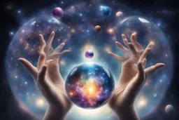 kundalini, connected to the universe, few colours of galaxy, holding galaxies in few hands in glass balls, I first ball ocena, second ball trees, third universe,