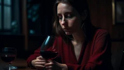 The sad woman was sitting alone, holding her wine glass in her hand. Tears welled in her eyes as she stared into the depths of her drink, seeking solace in her ruby ​​hues.