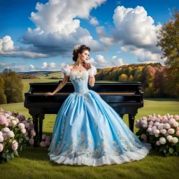 fullbody girl makeup wearing a victorian dress sitting to a grand piano in country side ,flowers ,pretty clouds in blue sky