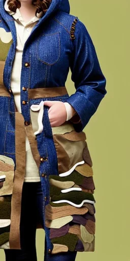 Image shows wholly a Brunette. average body type. Mantle is sewed of recycled Denim and sewed together of camouflage pieces. Camouflage colors are orange,terracotta, cream and purple. Cream latex gaiter. Big bright purple/khaki felt tippet and cream or blue or lilac colored-hood. mantle is merged with satchel. . AKG-style headphones (gold rings!) is merged with small felt cap with small visor. Style: Haute Couture in 1936, Paris fashion in 2023. More yellow(Munsell)!!!