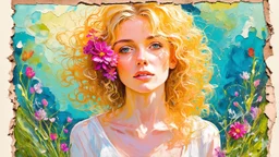 abstract art complementary colors fine details , old torn worn paper, high grain, portrait blonde , flowers in hair, acrylic, alcohol ink, fine drawing, A blonde woman in her 40s, with flowers woven into her loose, curly hair, sits in a whimsical, fairytale setting, surrounded by delicate swirling patterns reminiscent of the textures of old torn paper, in a vibrant, abstract style combining acrylic and alcohol ink techniques, with fine detailing that highlights complementary colors, in the expre