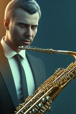 saxophone player, jazz, blade runner, volumetric lighting, particals, intricate detail,realistic, close up