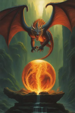 dragon attacking a magic orb full of dragon fire. dragon with huge cloned wings. perfectly drawn claws. fantasy setting. . style of Larry Elmore