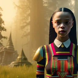 Full body, 3d render,kente scene, Jenna Ortega, Wednesday addams 1800's women style, 1800's hair style, 1800's women clothes style, hyper realistic, octane render, unreal engine 5, 8k, palace background, uhd