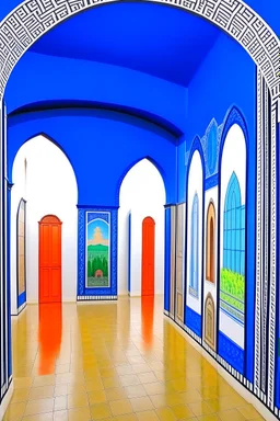 Museum of blue wall paintings, the shape of oval walls and a white floor, and there are walls in the middle in the shape of an oval, and there are oases on it on both sides