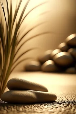 gentle shining background, spa stones and bamboo stem, sand in the background, silhouette of a girl with praying hands on the stones, photorealistic photo