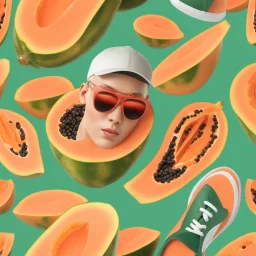 Papaya con cara humana, zapatos tenis y gorra, clima de verano, calidad ultra, hiperdetallado, 8k, 3d, colores complementarios