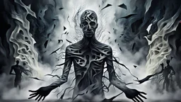 Abstract surreal scene of a human soul in conflict a caracter dissolving into shadows and fog, body torn into shards of light and darkness. Shapes twist and melt like oil paint, forming ghostly hands and distorted faces emerging from the fog. The background is a blur of noise, chaotic patterns and faceless crowds, symbolizing the indifferent outside world. A haunting, dreamlike composition that captures isolation, inner demons, struggle of anxiety. surreal, atmospheric