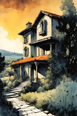 create in inkwash and watercolor a peaceful villa set in the tranquil landscape of ancient Tuscany in the comic book art style of Mike Mignola, Bill Sienkiewicz and Jean Giraud Moebius, , highly detailed,, grainy, gritty textures, , dramatic natural lighting