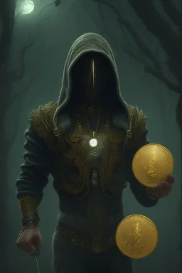 running berserker portrait , no face, black jogging suite , in the night Alps , holding coins , angels background, volumetric gold light, high detail, dark leaf tree, dark mountains in background, perfect, HR Giger style