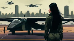 Tall thin women, with straight black hair, dressed in a camouflaged jumpsuit, looking out from the rear of a futuristic aircar, on a tarmac runway, with a city skyline in the distance