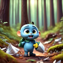 a very little Cute Figure, with cute face, collects trash in the forest, pixar style