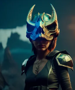 A badass Sofia Buttela wearing a dragon skull mask, atmospheric, realistic, unreal engine, cinematic lighting, octane render.