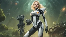 Wide-angle, full body of a woman, with straight blond hair, dressed like a robot, with equipment in her hands, next to a crashed spaceship, on an alien jungle world in the multiverse