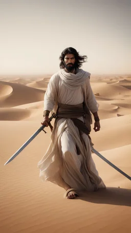 A picture of a man, in the desert, in old Arab dress, protecting a group of people behind his back, with black hair, a light beard, and carrying a sword.