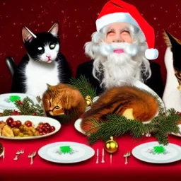 Cats and children eating Christmas dinner with alien lion and floating ball, and exquisitely decorated turkey and HR giger alien