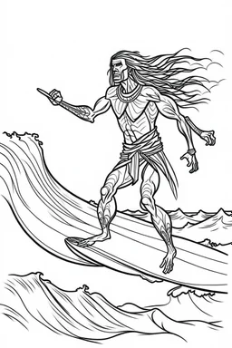 Outline art for coloring page OF A BUFF NATIVE SURFER WITH HIS FACE COVERED BY HIS LONG HAIR WEARING SHORTS RIDING A SURFBOARD ON A WAVE, coloring page, white background, Sketch style, only use outline, clean line art, white background, no shadows, no shading, no color, clear