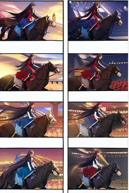 A portrait of a human woman with long brown hair and red eyes wearing competitive horse riding clothes, riding a black horse, modern dressage arena setting, anime style, intricately detailed, masterpiece, HD, 4k