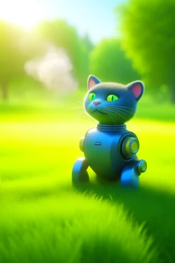 chat perfect day robot on beautifull lawn, motion blur, smoke, 4k, downlight, soft light, depth of field, photorealism, trending on art station