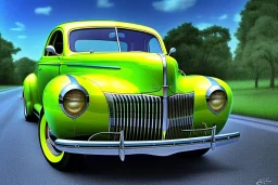 a true-to-life 1940 ford coupe, two-tone paintwork, classic hotrod wheels, pen and color marker, centered, intricate, extreme detailed, photorealism, center view, 1940s suburbs background, pivot on ford, painting by cheryl kelley