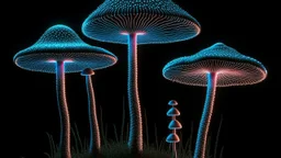 tall narrow delicate detailed mushrooms, with umbrella caps, phosphorescence glowing in the night