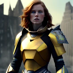 ultrarealistic, ruined city,__sci-fi armor__, __angles__, 18 year old woman, strikingly beautiful, ginger hair, _colour_, [__starlets__|__starlets__], (pale __skincolor__ skin:1.2), __camera__, _hair_, detailed face and eyes, medium breasts, leather choker, freckles, dynamic pose, resolved expression, __accessory__, strappy outfit, (straps:1.1), sword in scabard on left hip, (buckles, buttons, snaps, rings:1.0), haltertop style breastplate, detailed eyes, plump lips, sci-fi theme