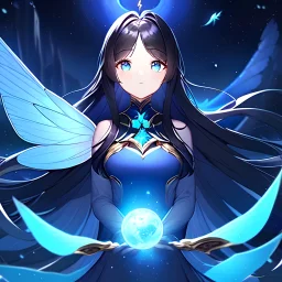 fairy winged elf girl with black straight hair and blue eyes surrounded by a starry night sky