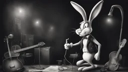 photorealistic deppressed dark melancholic sad Bugs bunny with blackeye deppressed doing music rock and roll dark heavy metal on a scene alcoholic, ciggaretes sad sad sad ciggarets