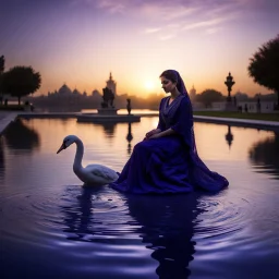 Hyper Realistic Photographic Close-Up-Silhouette View Of A Beautiful Young Pashto Woman wearing navy-blue-embroidered-dress-with-purple-shawl happily-sitting on the surface of a fancy-water-fountain & a swan swimming on the surface of water at cloudy sunset showing dramatic & cinematic ambiance.