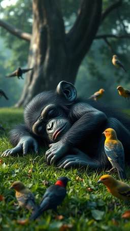 Bosch painting style nightmare , 3D , a baby chimpanzee sleeping on a comfortable green grass with birds around him , a nice tree in the background, high Quality picture , 8k