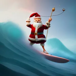 Santa standing of surfboard surfing a big wave, surfboard, beach, character design by cory loftis, fenghua zhong, ryohei hase, ismail inceoglu and ruan jia. unreal engine 5, artistic lighting, highly detailed, photorealistic, fantasy