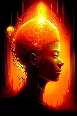 abstract vintage outsider art, digital art, inspired by Cyril Rolando, detailed glowing head, orange glow, pascal blanche, abstract realism