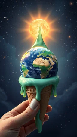 art create a 4k image of planet earth in side an ice cream cone , an illustration in the style of Luis Royo, Rarth as an ice cream large droplets of viscous syrupy fluid, burnished jade, the stars and the sun in the background