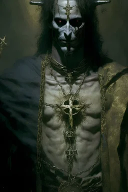 masked exorcist with pentacle necklace and golden cross necklace horror Gustave Doré Greg Rutkowski detailed matte painting