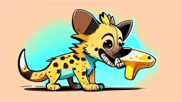 Cute chibi-style hyena dog, eating a big bone, cartoony, colorful, exaggerated, simplified, adorable