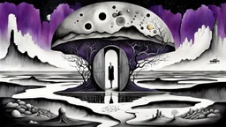 inner world with uncontrolled mind and soul, in center big portrait on little floating island in the cold deep Sahara, around surreal cracked painted weird land, some doors. dark purple, gray, black, white. Whimsical style of Chagall , dark vision of Minjae Lee and René Magritte, lonely face with absurd beauty. broken, weird bizarre deep absurd nightmare, labirynth, neuro-web background, surreal vibe