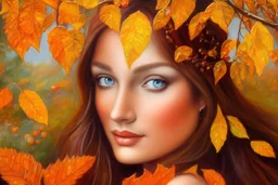 an oil painting of the autumnal equinox, a young beautiful woman surrounded by autumn leaves, detailed eyes, an airbrush painting by josephine wall, deviantart, airbrush art, detailed painting, pre-raphaelite, 3d render, rococo art