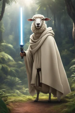 [photo realistic] a sheep standing with a Jedi cape and a Lightsaber, using the force, jungle in the background