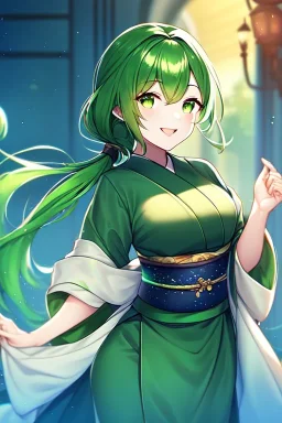 girl, masterpiece, best quality, cinematic lighting, detailed outfit, vibrant colors, perfect eyes, long hair, green hair, green eyes, obi, low ponytail, smile,